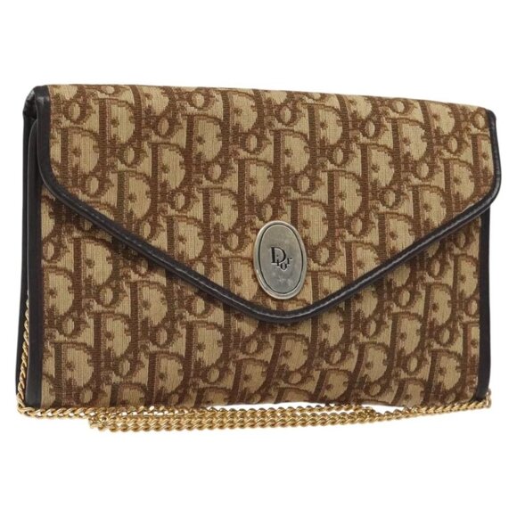 Christian Dior Trotter Canvas Chain Shoulder Bag Brown Gold Auth - Picture 1 of 14